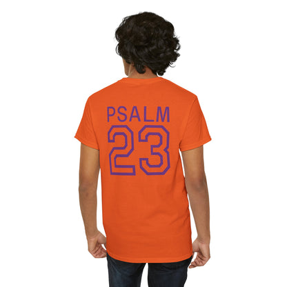 Psalm 23 Men’s T-Shirt – Inspired Sports-Style Shirt (Purple Lettering)