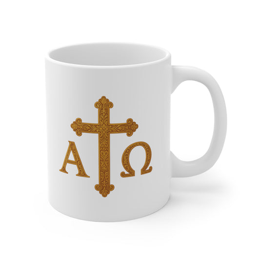 Alpha & Omega Gold Cross Mug – Faith in Every Sip