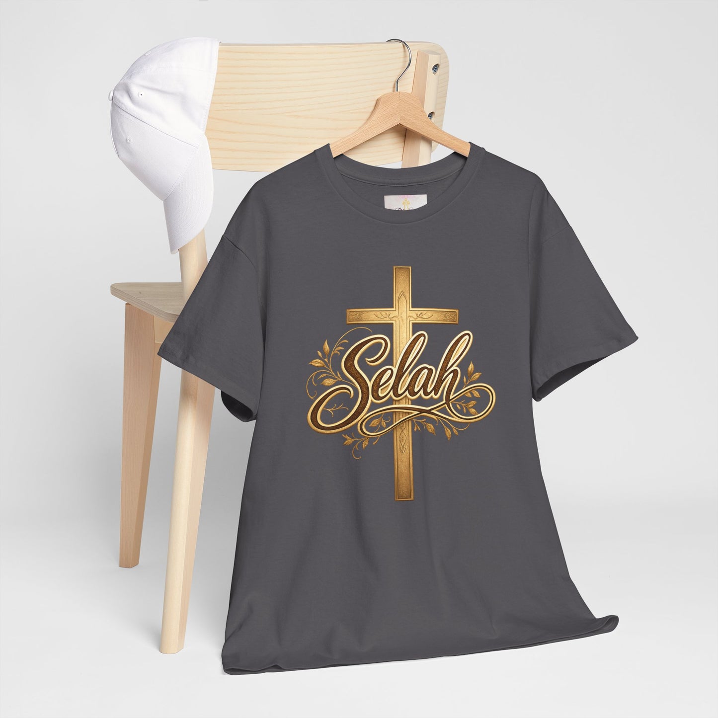 Selah Cross Tee — Women's Christian T‑Shirt with Gold Script