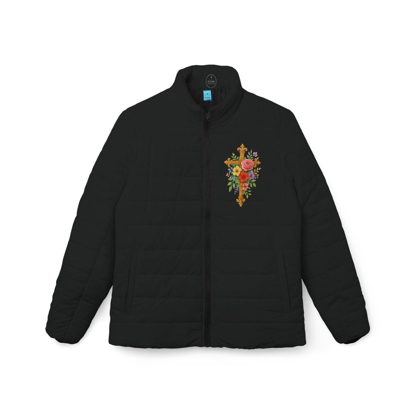 Blooming Faith Women’s Puffer Jacket in Black – Floral Cross Crest