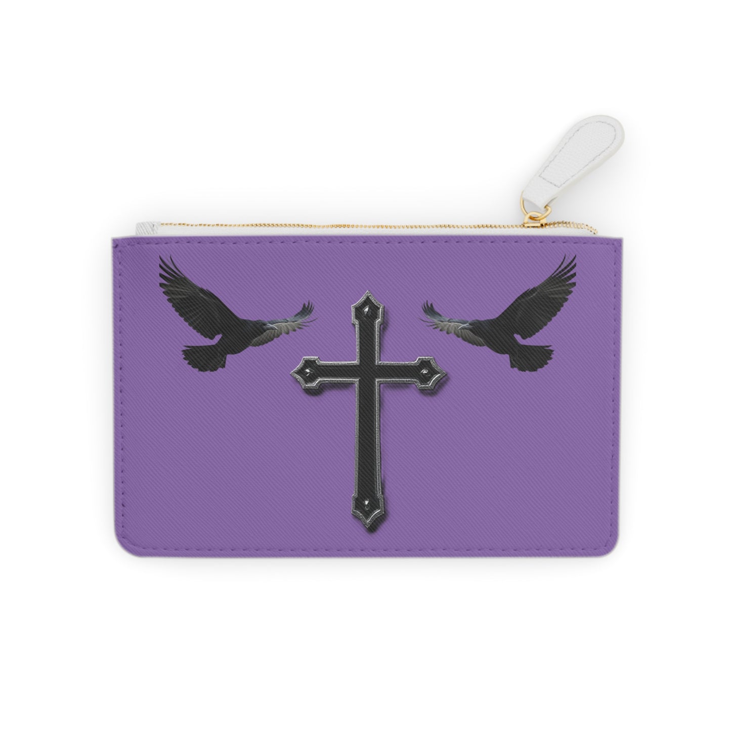 “Shadowed Faith” | Women’s Mini Clutch in Mauve – Black Cross with Flanking Crows