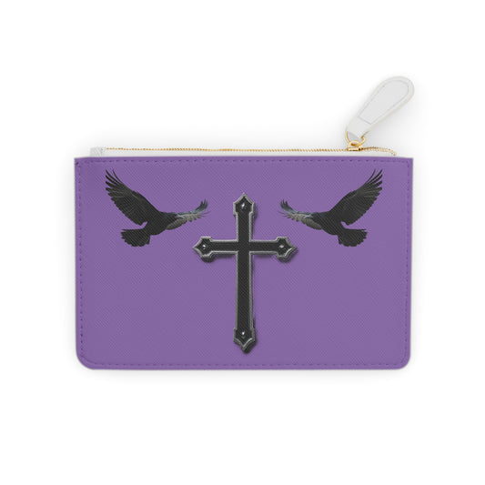 “Shadowed Faith” | Women’s Mini Clutch in Mauve – Black Cross with Flanking Crows