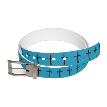 Shield of Faith Belt in Turquoise – Black Cross Pattern