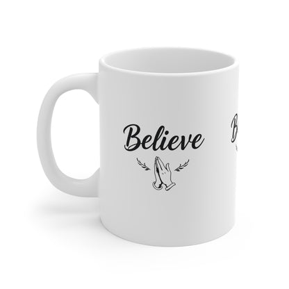 “Believe” Ceramic Mug – Prayer Hands Design