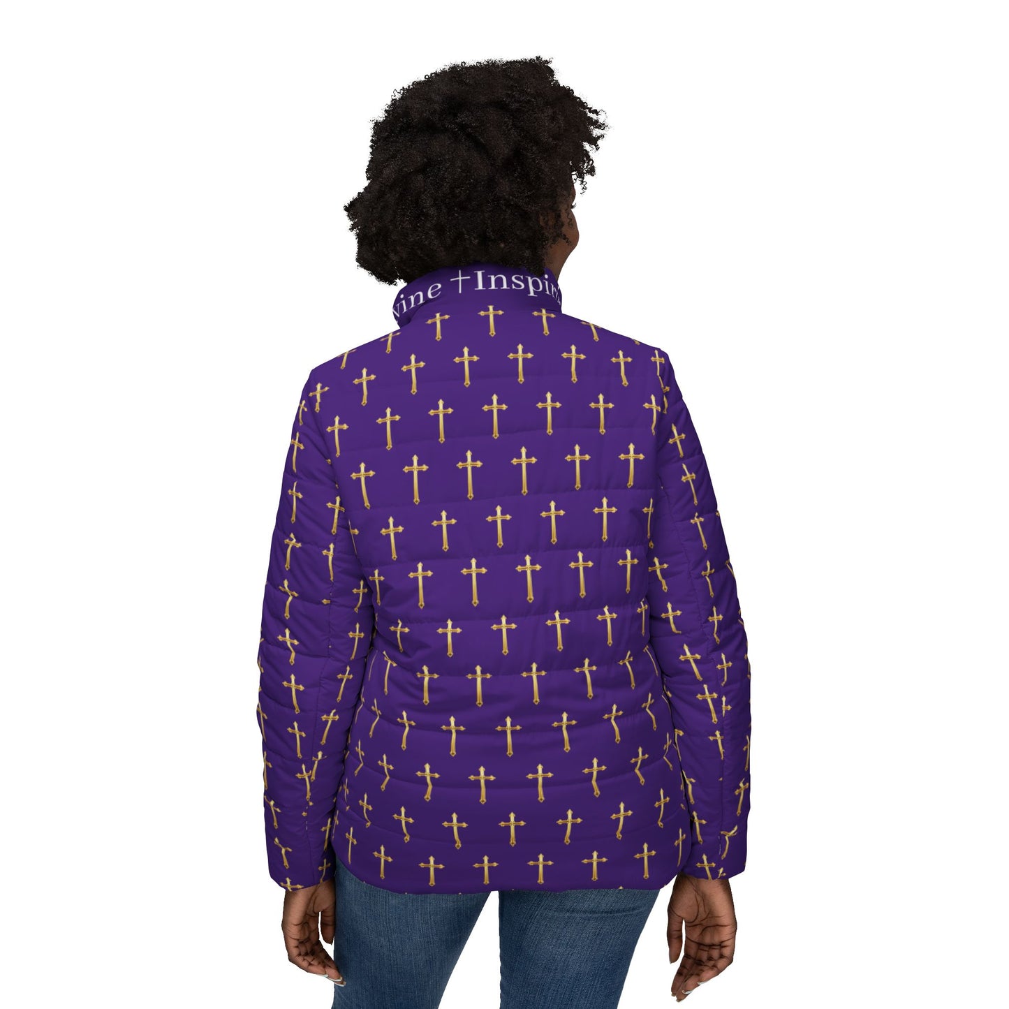 Golden Light Women’s Puffer Jacket in Purple – All-Over Cross Pattern