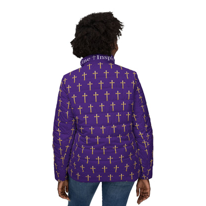 Golden Light Women’s Puffer Jacket in Purple – All-Over Cross Pattern