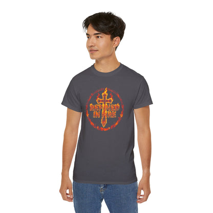Men’s “Refined in Fire” Christian T-Shirt – Flame Text Spiritual Strength Tee