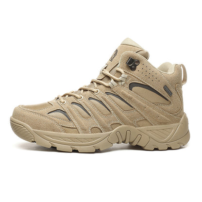 Tan hiking boot on a white background