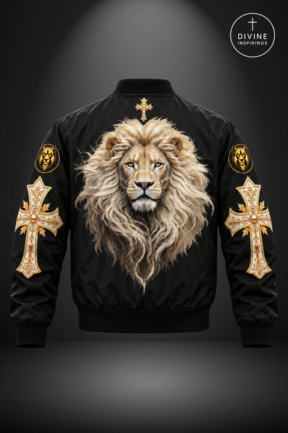 Black bomber jacket shown from the back with a large lion face graphic in the center, gold cross designs on both sleeves, and a circular 'DIVINE INSPIRINGS' logo in the top right corner.