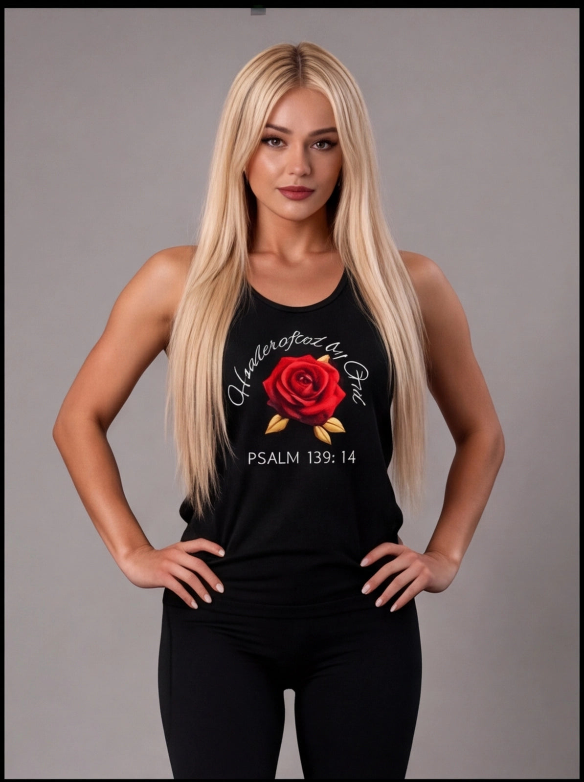 Woman wearing a black tank top with a red rose design and text on a gray background