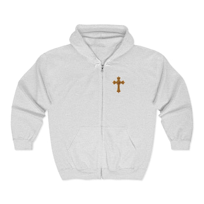 Men’s Ornate Gold Cross Zip-Up Hoodie – Spiritual Elegance & Comfort