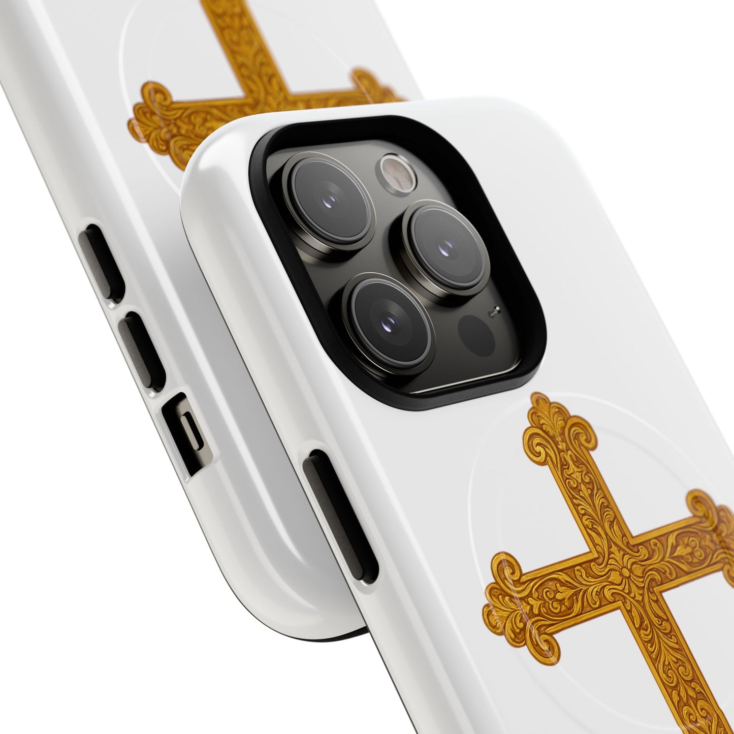 Gold Cross on White Magnetic Tough Case for iPhone – Strength in Faith