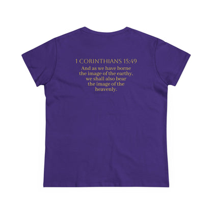 Becoming Women’s Faith Tee – Gold Cross Edition (Light Lettering, 1 Corinthians 15:49)