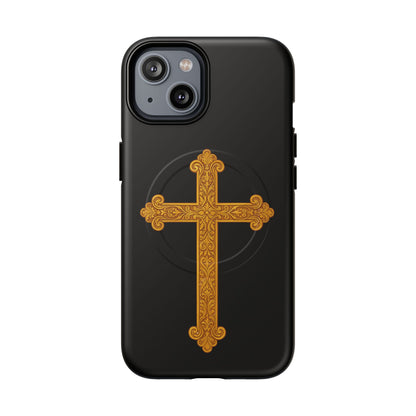 Gold Cross on Black Magnetic Tough Case for iPhone – Strength in Faith