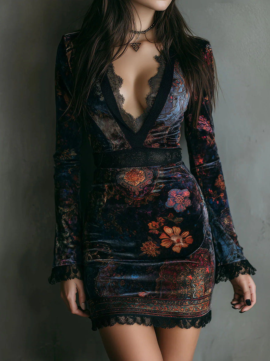 Person wearing a patterned dress with long sleeves against a plain background