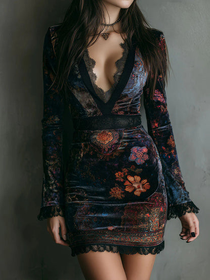 Person wearing a patterned dress with long sleeves against a plain background
