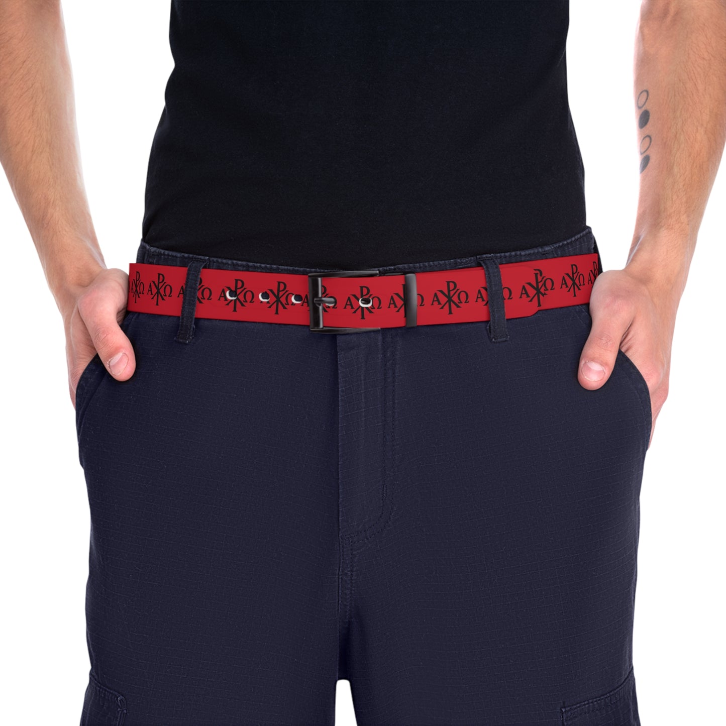 Eternal Order Belt in Red – Black Chi Rho with Alpha & Omega