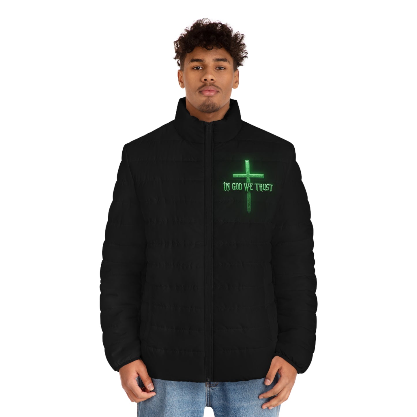 In God We Trust Men's Black Puffer Jacket – Bold Faith, Bold Style
