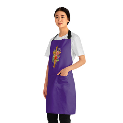 Floral Cross Christian Kitchen Apron in Purple – Faith & Beauty in Every Meal