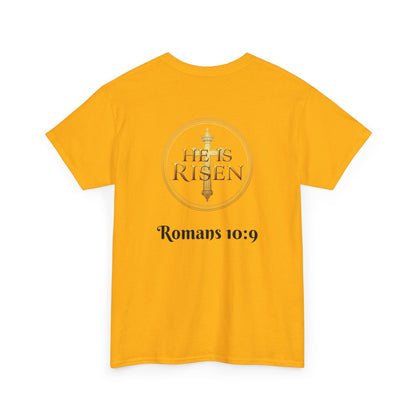 Men’s Romans 10:9 Christian T-Shirt – Jesus Is Lord & He Is Risen (Dark Lettering)