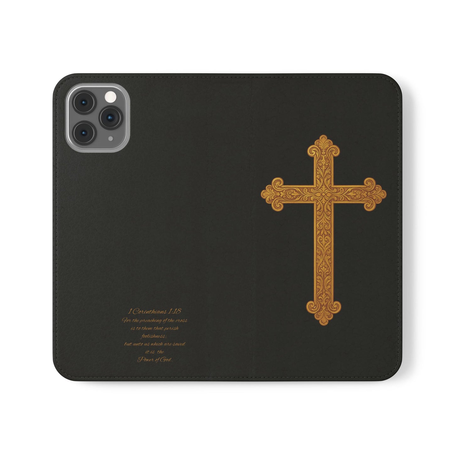 Black with Gold Cross & 1 Corinthians 1:18 - iPhone Flip/Wallet Phone Case