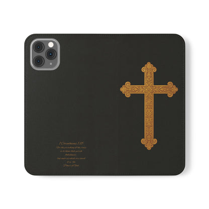 Black with Gold Cross & 1 Corinthians 1:18 - iPhone Flip/Wallet Phone Case