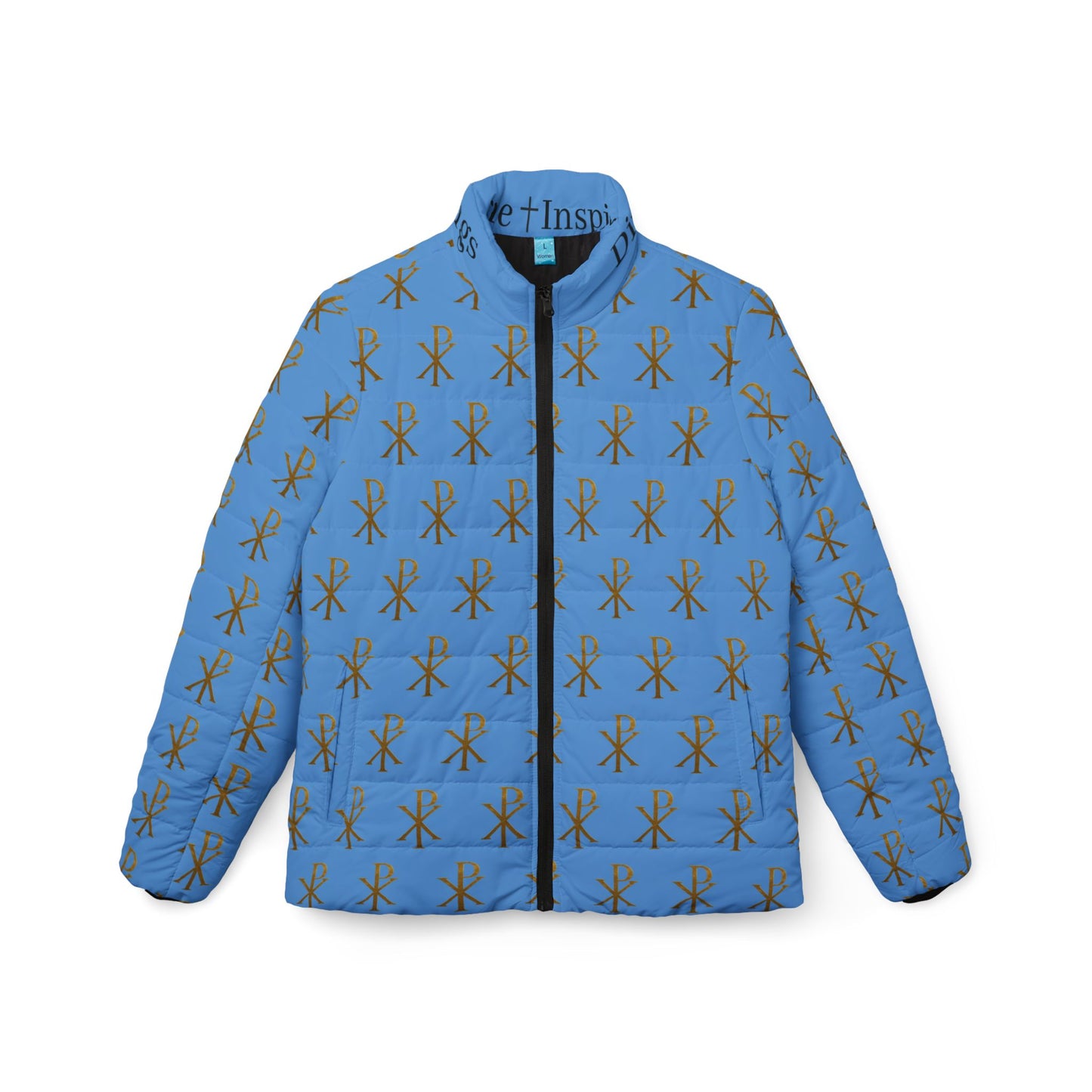 Radiant Victory Women’s Puffer Jacket in Blue – Gold Chi Rho Pattern