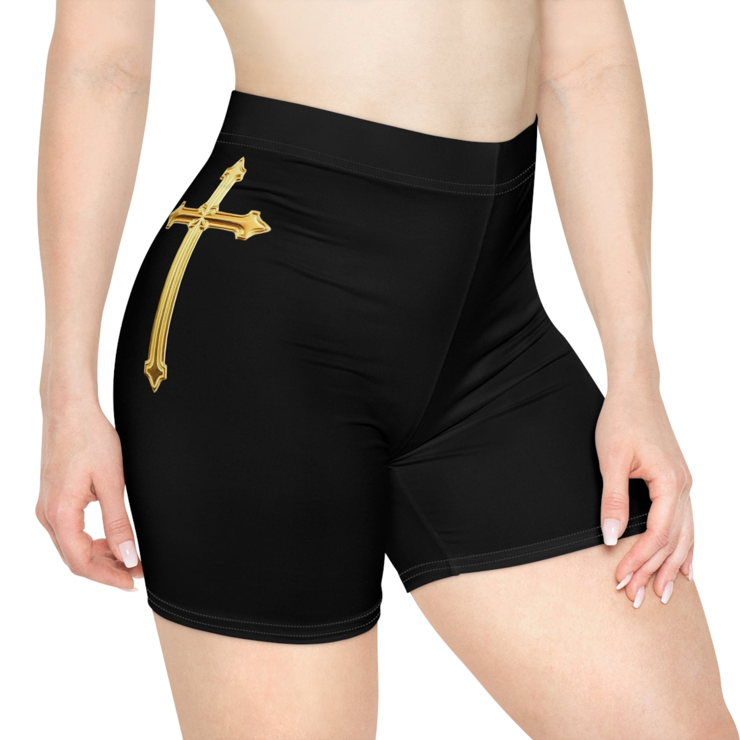 Gold Cross Women’s Biking Shorts in Black – Symbol of Eternal Victory