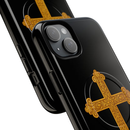 Gold Cross on Black Magnetic Tough Case for iPhone – Strength in Faith