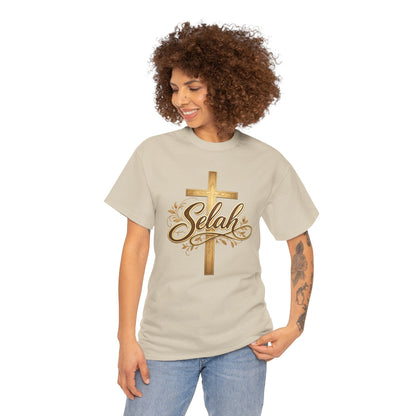 Selah Cross Tee — Women's Christian T‑Shirt with Gold Script