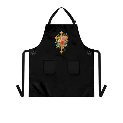 Floral Cross Christian Kitchen Apron in Black – Faith & Beauty in Every Meal
