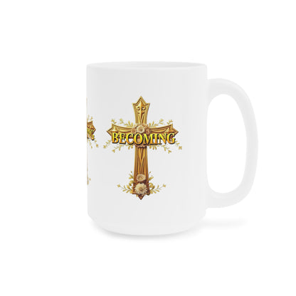 “Becoming” Ceramic Mug – Ornate Cross Design