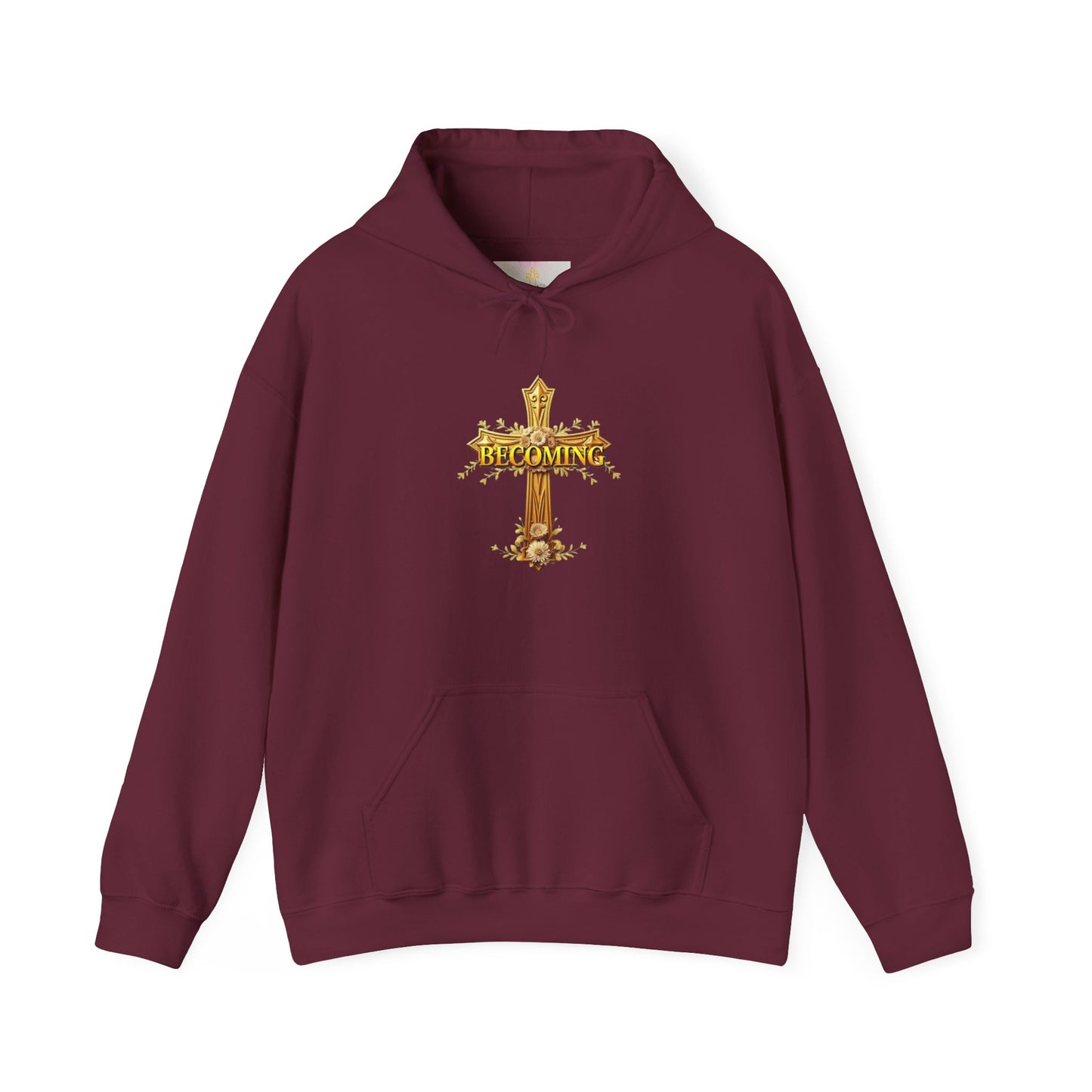 Becoming Women’s Faith Hoodie – Gold Cross Edition (1 Corinthians 15:49)