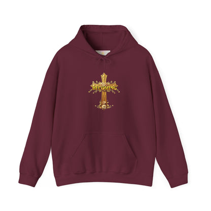 Becoming Women’s Faith Hoodie – Gold Cross Edition (1 Corinthians 15:49)