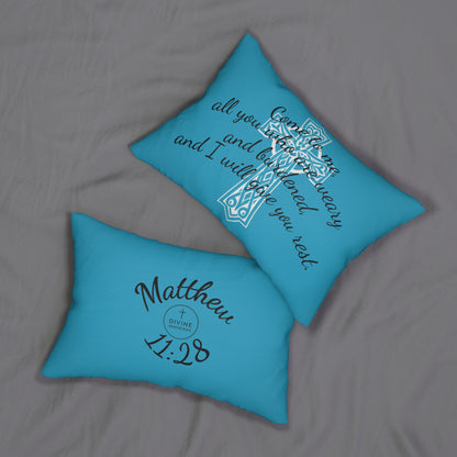 Matthew 11:28 Lumbar Pillow – Rest for the Weary (Literally in turquoise!)