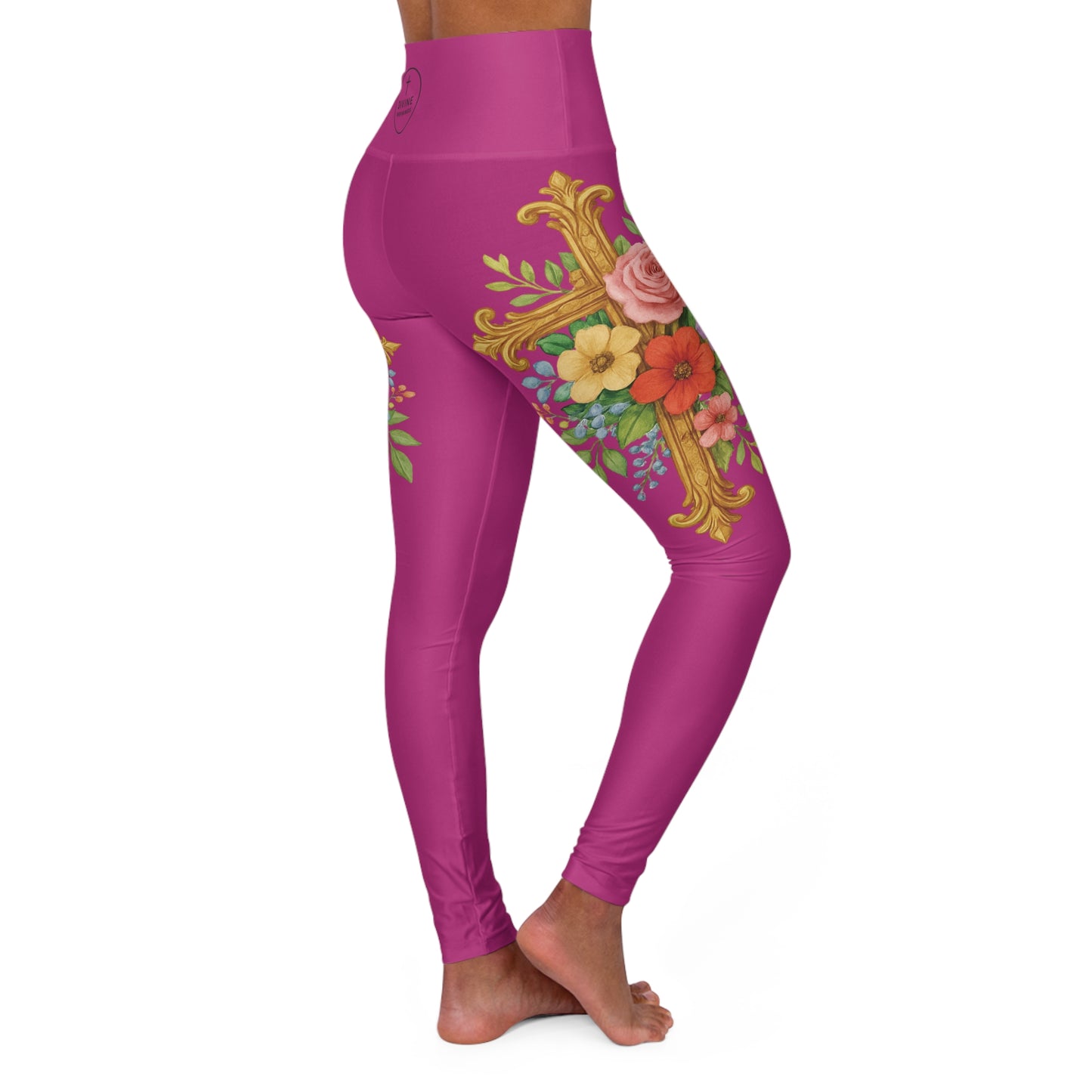 Floral Cross Graceful Fit High-Waisted Leggings in Fuchsia - Christian Women's Apparel