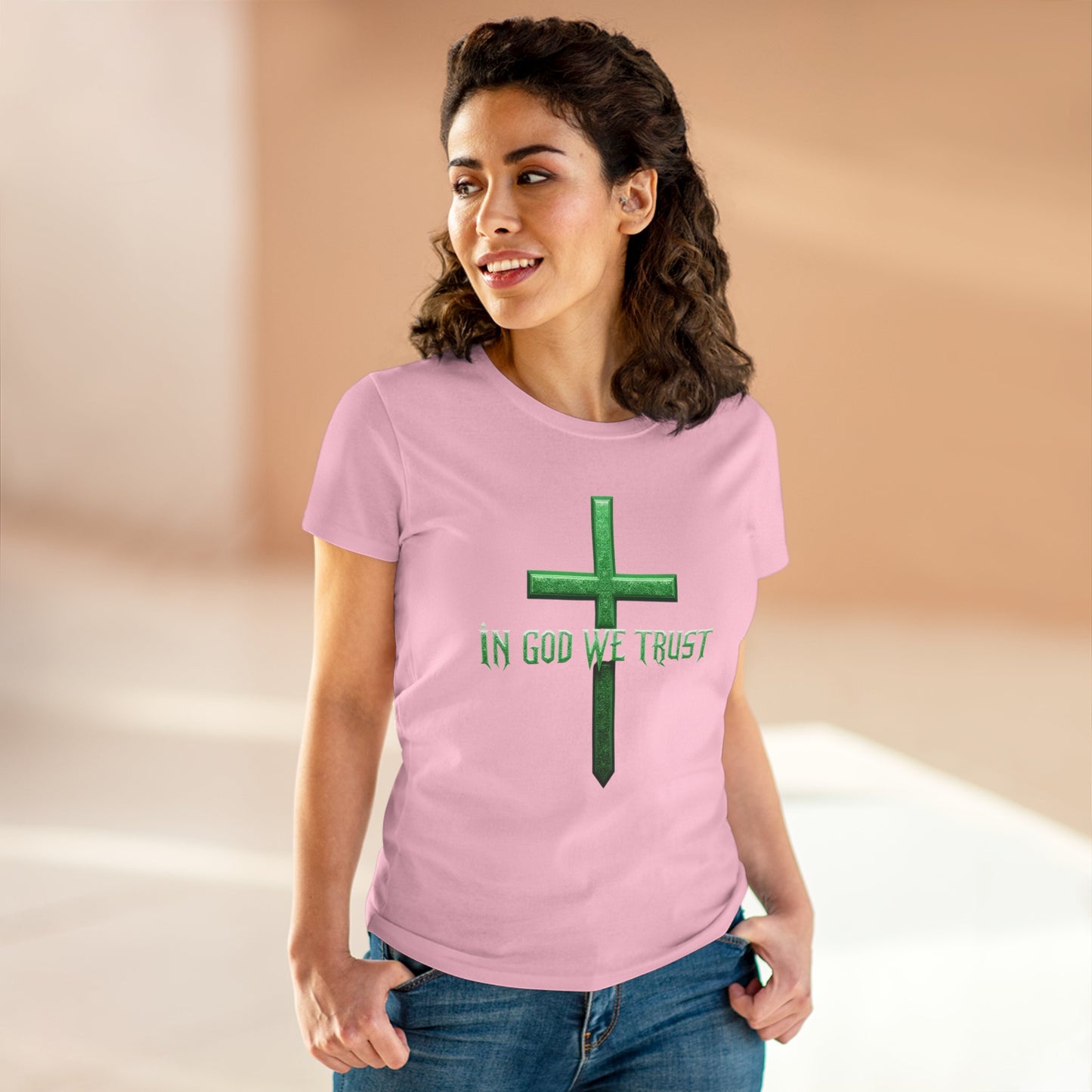 Faith Anchored – “In God We Trust” Women’s Christian Tee with Cross