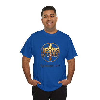 Men’s Romans 10:9 Christian T-Shirt – Jesus Is Lord & He Is Risen (Dark Lettering)