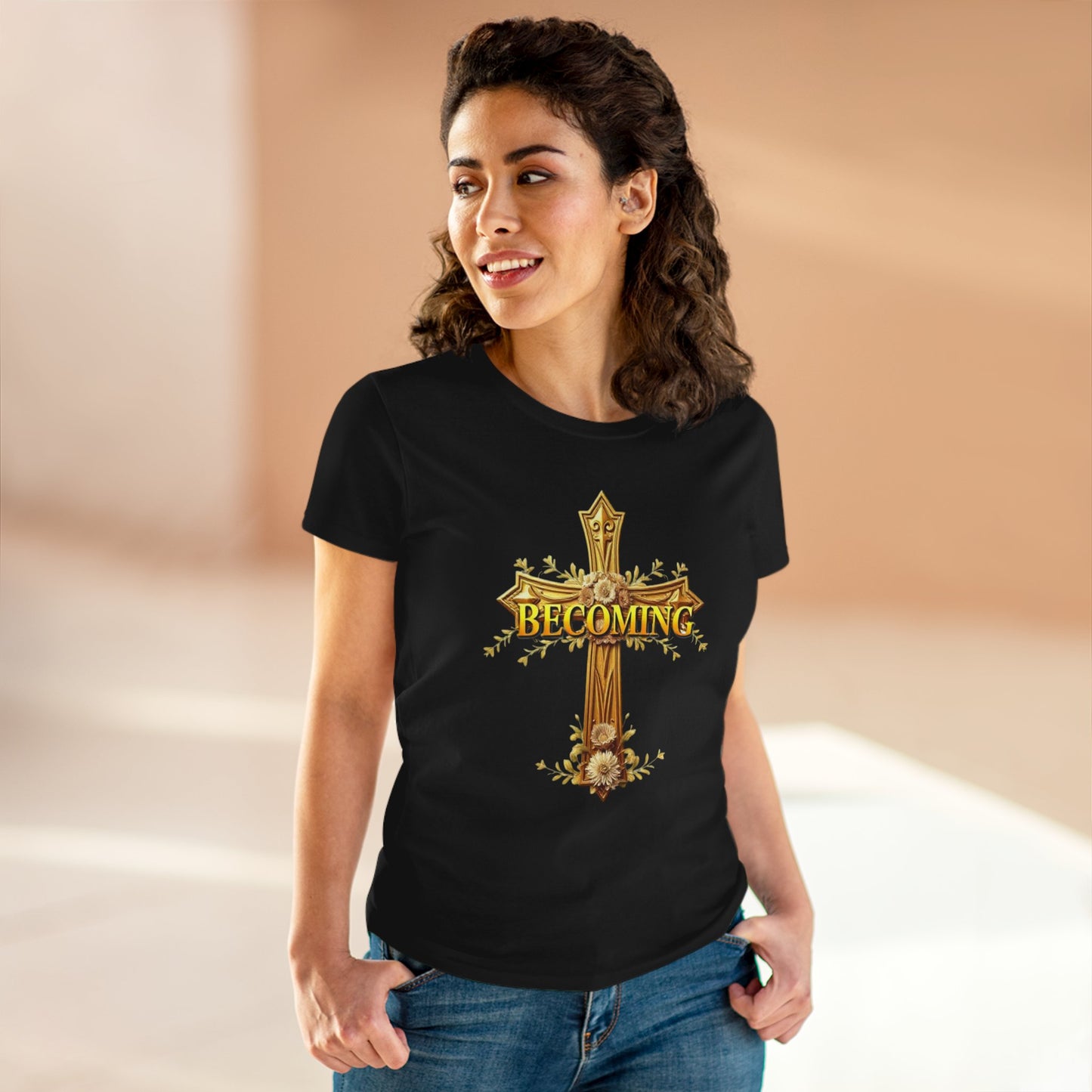 Becoming Women’s Faith Tee – Gold Cross Edition (Light Lettering, 1 Corinthians 15:49)