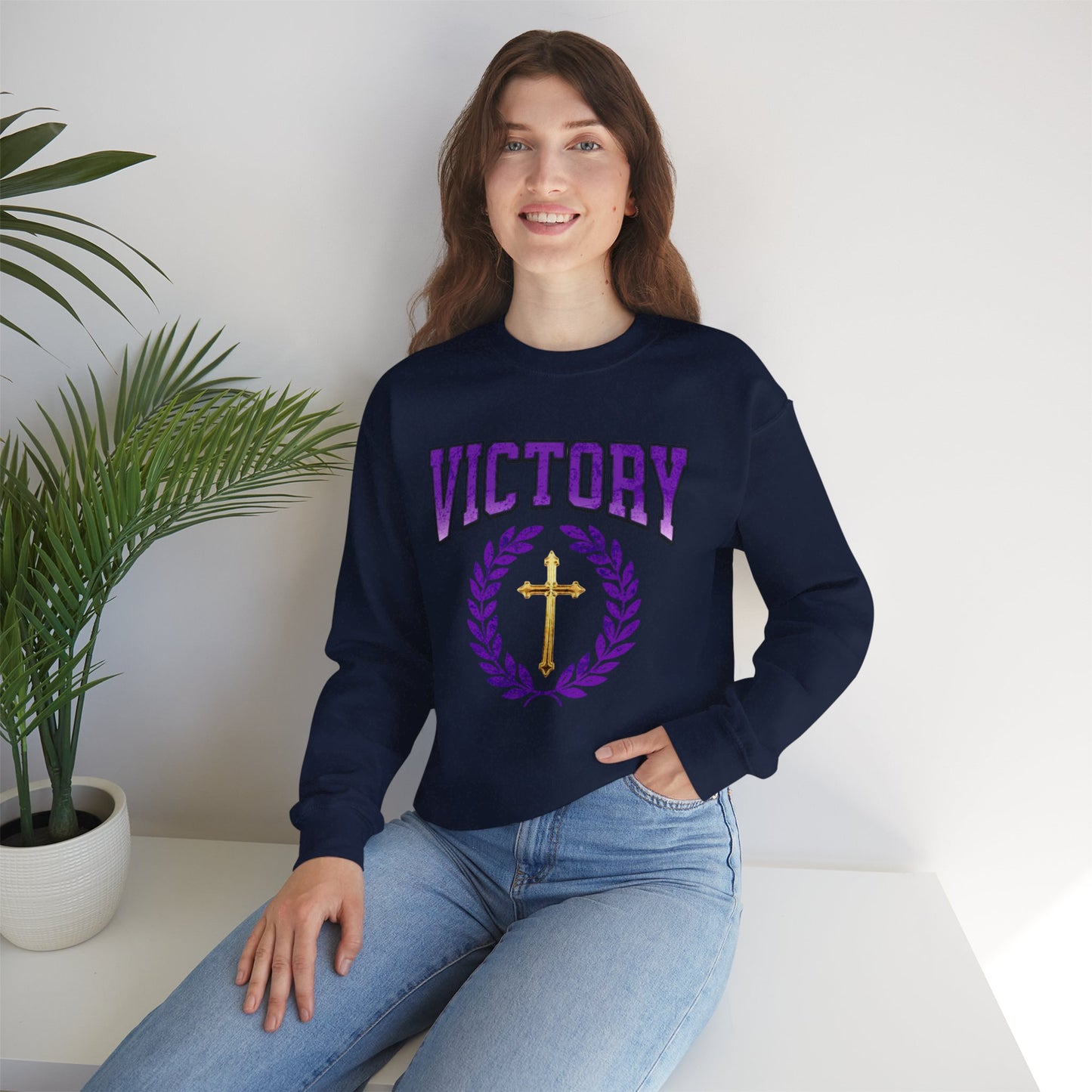 Victory Women’s Sweatshirt – Bold Purple Logo, Faith in Comfort