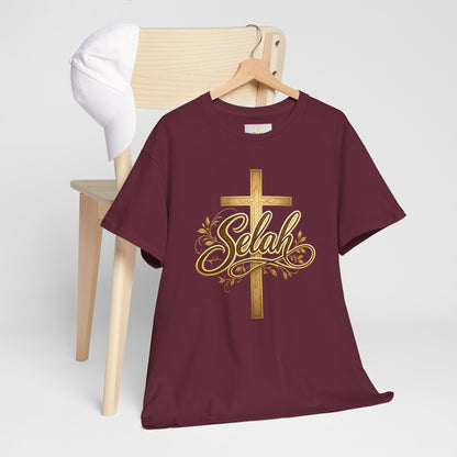 Selah Cross Tee — Women's Christian T‑Shirt with Gold Script