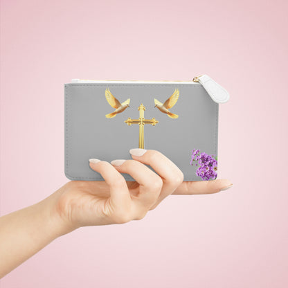 “Heaven’s Embrace” | Women’s Mini Clutch in Grey – Gold Cross with Flying Doves