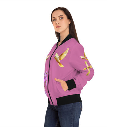 Heavenly Ascent – Gold Cross & Doves Women’s Bomber Jacket in Pink