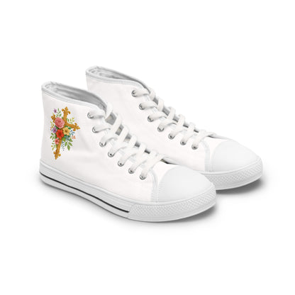 Faith in Bloom – Women’s White High-Top Sneakers with Floral Cross