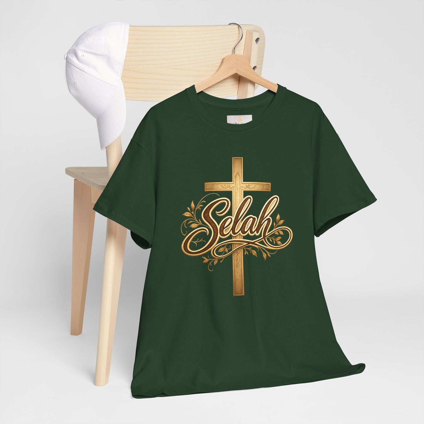 Selah Cross Tee — Women's Christian T‑Shirt with Gold Script
