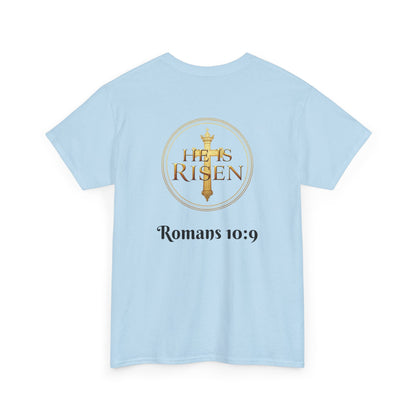 Men’s Romans 10:9 Christian T-Shirt – Jesus Is Lord & He Is Risen (Dark Lettering)