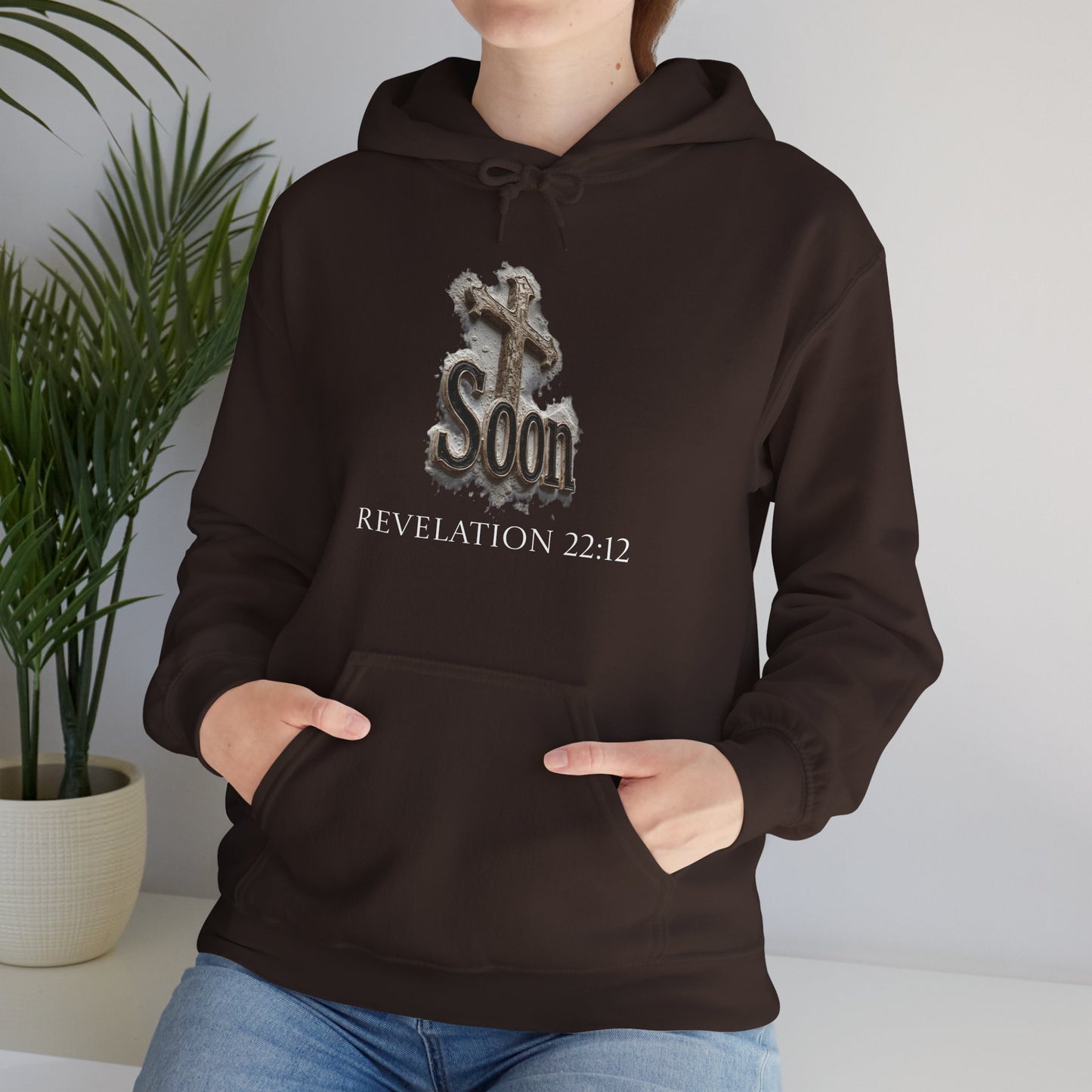 Christian Women’s Hoodie – Soon Cross Hoodie with Revelation 22:12 (White Lettering)