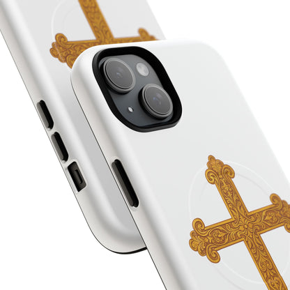 Gold Cross on White Magnetic Tough Case for iPhone – Strength in Faith