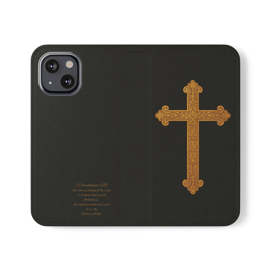 Black with Gold Cross & 1 Corinthians 1:18 - iPhone Flip/Wallet Phone Case