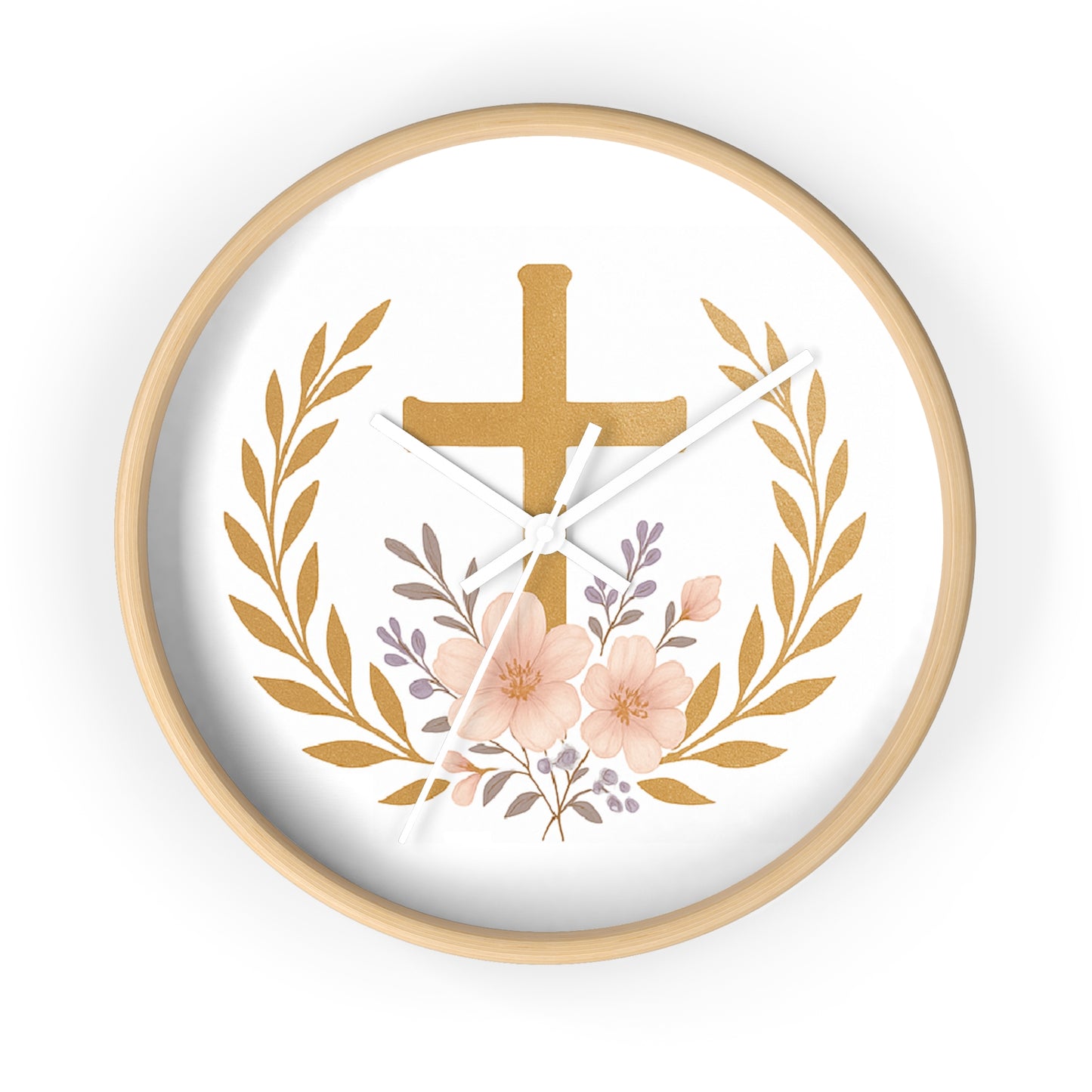 Serene Cross & Laurel Wreath Wooden Wall Clock – Faith-Inspired Decor